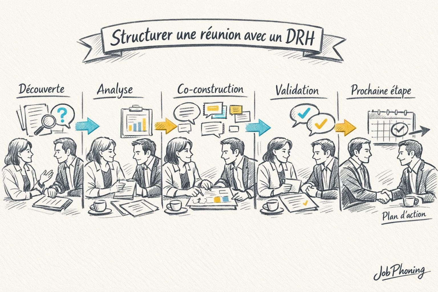 Schéma représentant un rendez-vous DRH structuré via enchaînement de blocs et flèches minimalistes