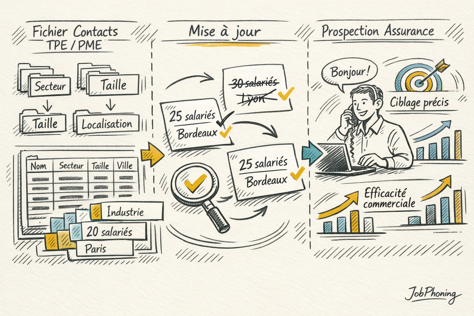 Schéma représentant un fichier de contacts B2B fiable via blocs reliés et flèches séquentielles.