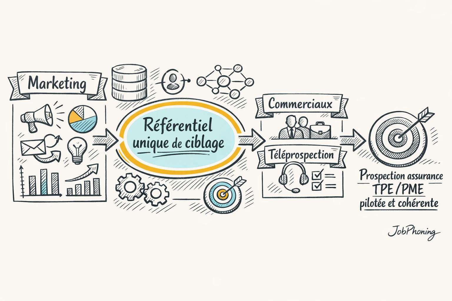 Infographie représentant l’alignement marketing, vente et appels via trois colonnes reliées à un même noyau