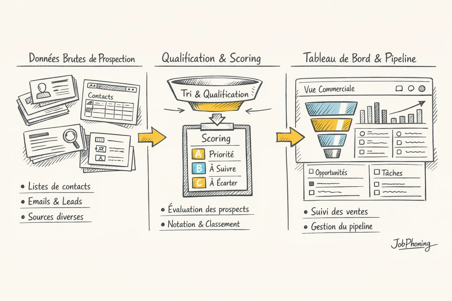 Schéma représentant la mise en place d’un pipeline B2B via flux d’étapes reliées