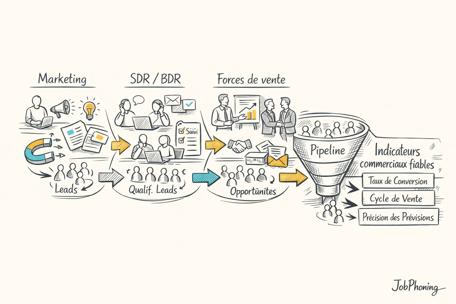 Schéma représentant l’alignement du pipeline B2B via trois segments reliés et tableaux abstraits