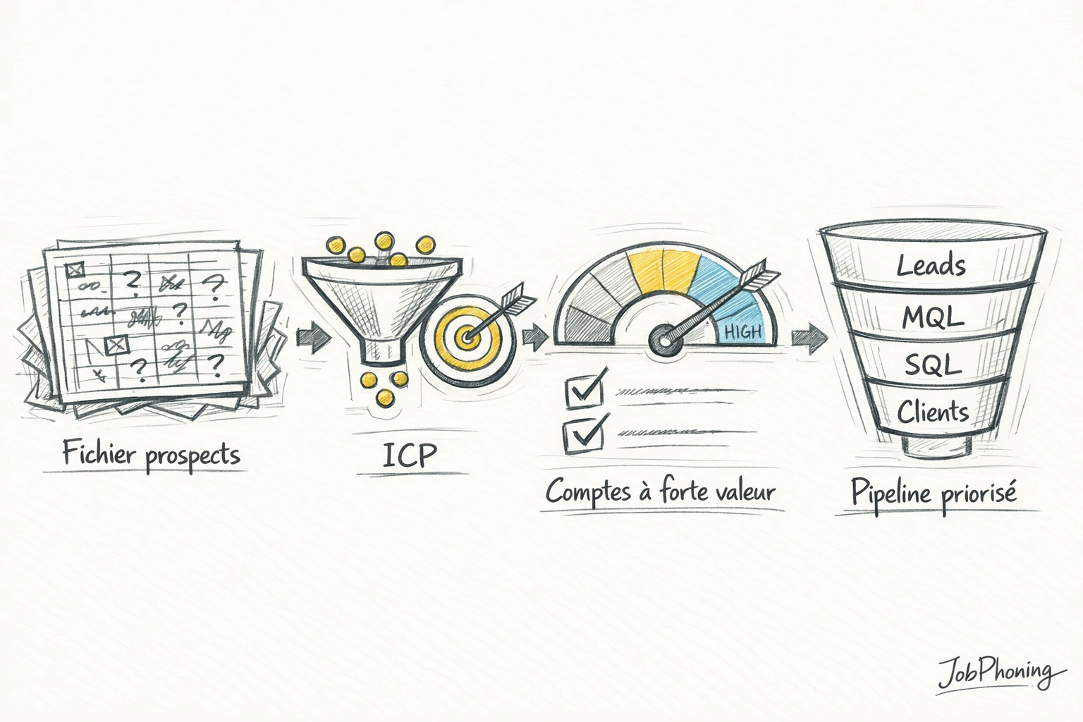 Schéma représentant la construction d’ICP B2B via étapes séquentielles, blocs reliés et flèches minimalistes.