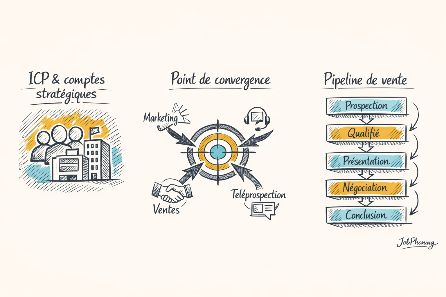 Schéma représentant l’alignement marketing, ventes et phoning via un pipeline central connecté à plusieurs blocs