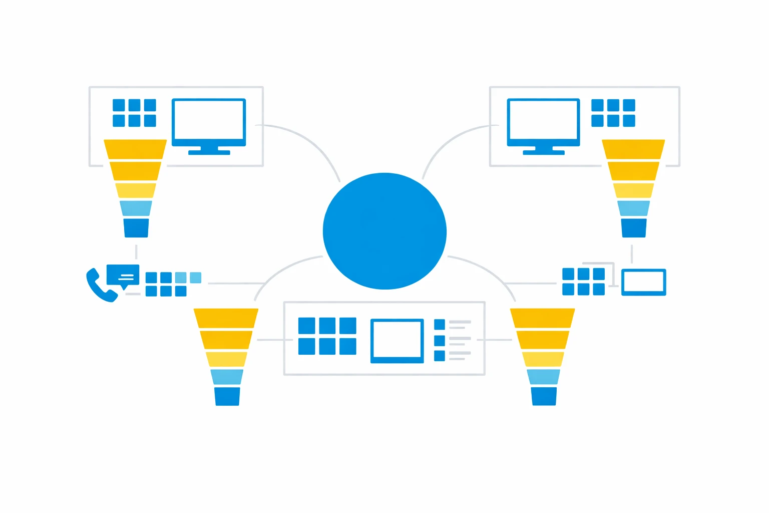 Schéma représentant un scoring partagé via un hub central reliant marketing, ventes et opérations par