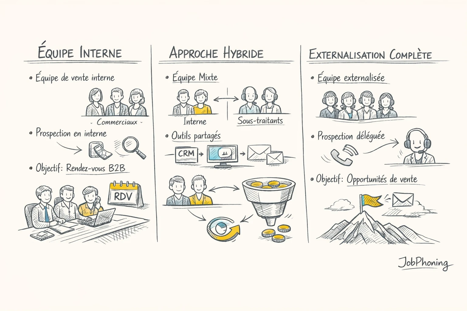 Infographie représentant trois scénarios de prospection B2B via colonnes colorées et blocs géométriques alignés.