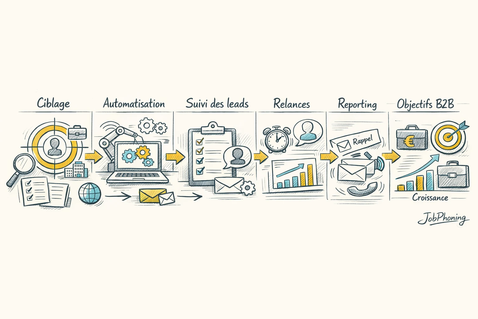 Schéma représentant l’orchestration de la prospection B2B via un flux de rectangles reliés par des