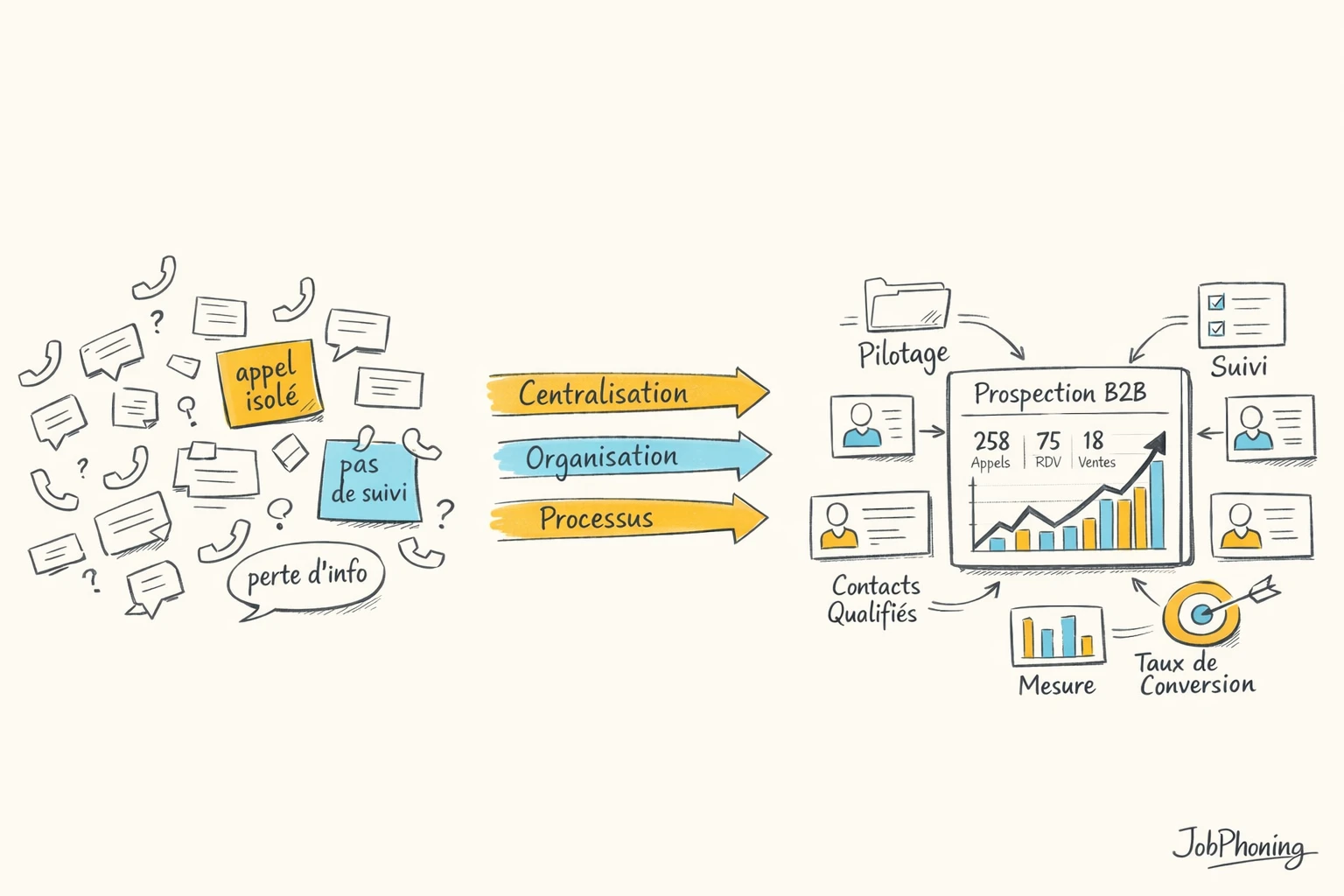 Infographie représentant une prospection B2B désordonnée via blocs épars convergeant vers un pipeline structuré.