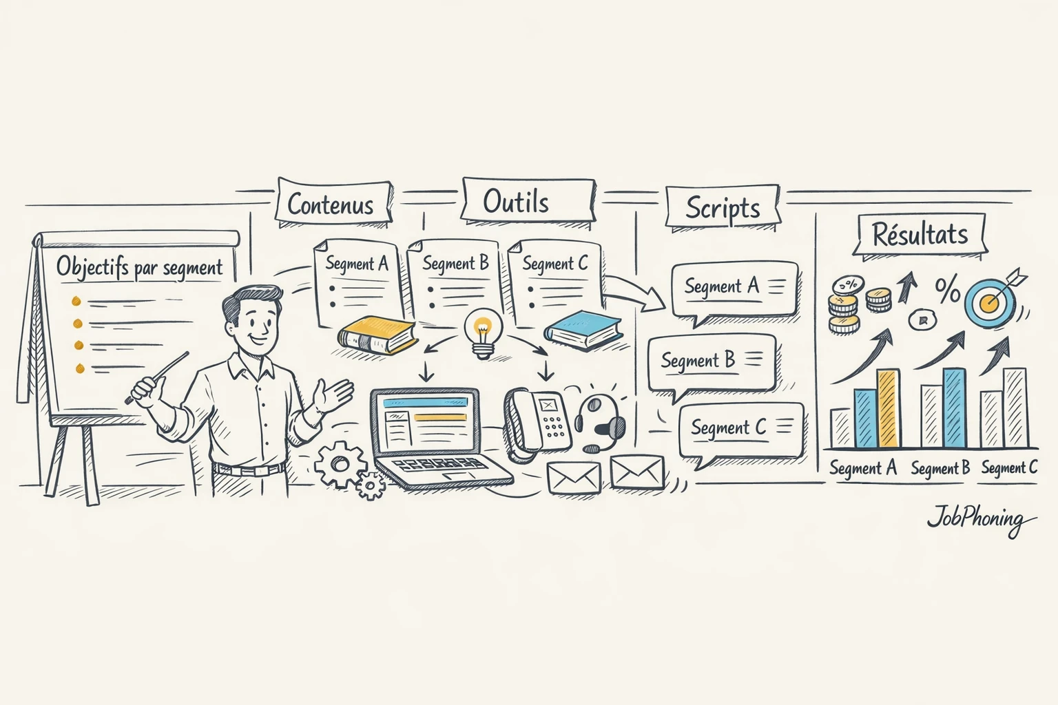 Schéma représentant une formation de prospection segmentée via blocs reliés et flèches structurées