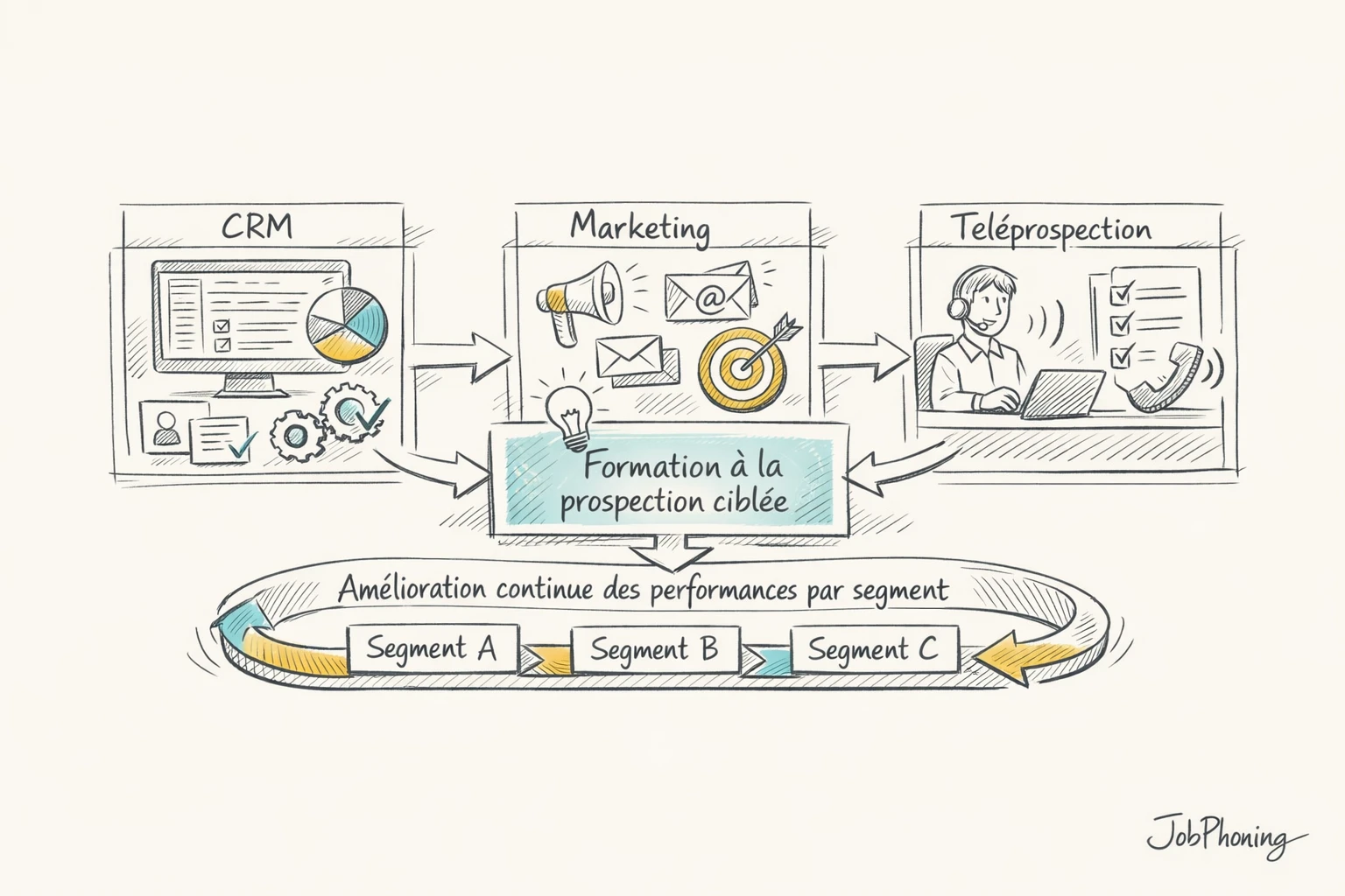 Schéma représentant la formation à la prospection intégrée via un noyau central et plusieurs cercles