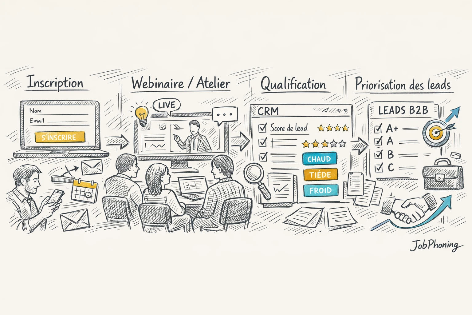 Schéma représentant un dispositif de prospection formation via flux d’étapes connectées, entonnoir, écrans stylisés et