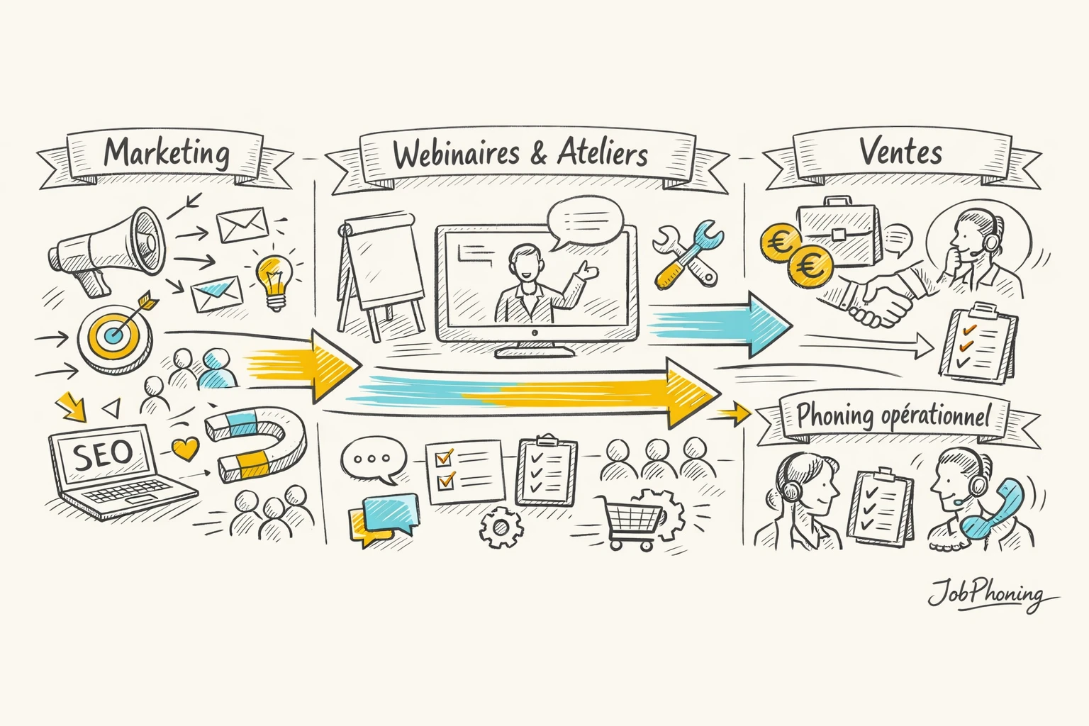 Infographie représentant l’intégration des webinaires en canal structuré via entonnoir central, blocs reliés marketing, ventes,