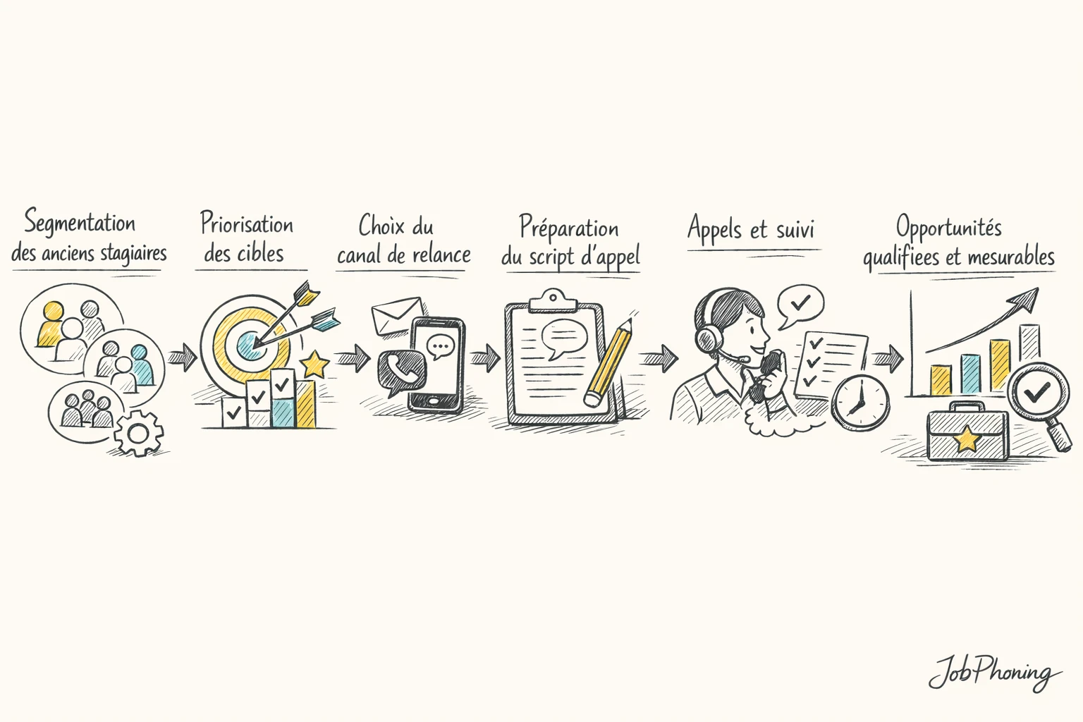 Schéma représentant un processus de relance formation via segments, dossiers clients, téléphones et enveloppes stylisés