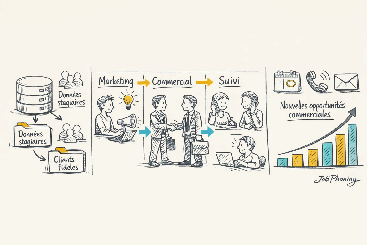 Schéma représentant l’organisation d’une relance structurée via base centrale, segments clients et équipes distinctes interconnectés.