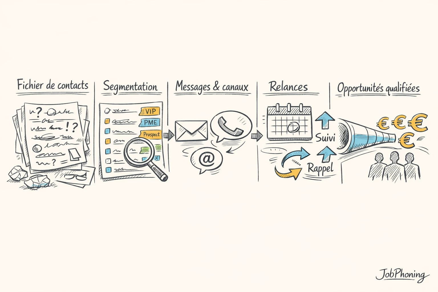 Schéma représentant une campagne de prospection formation structurée via enchaînement de blocs et flèches minimalistes.