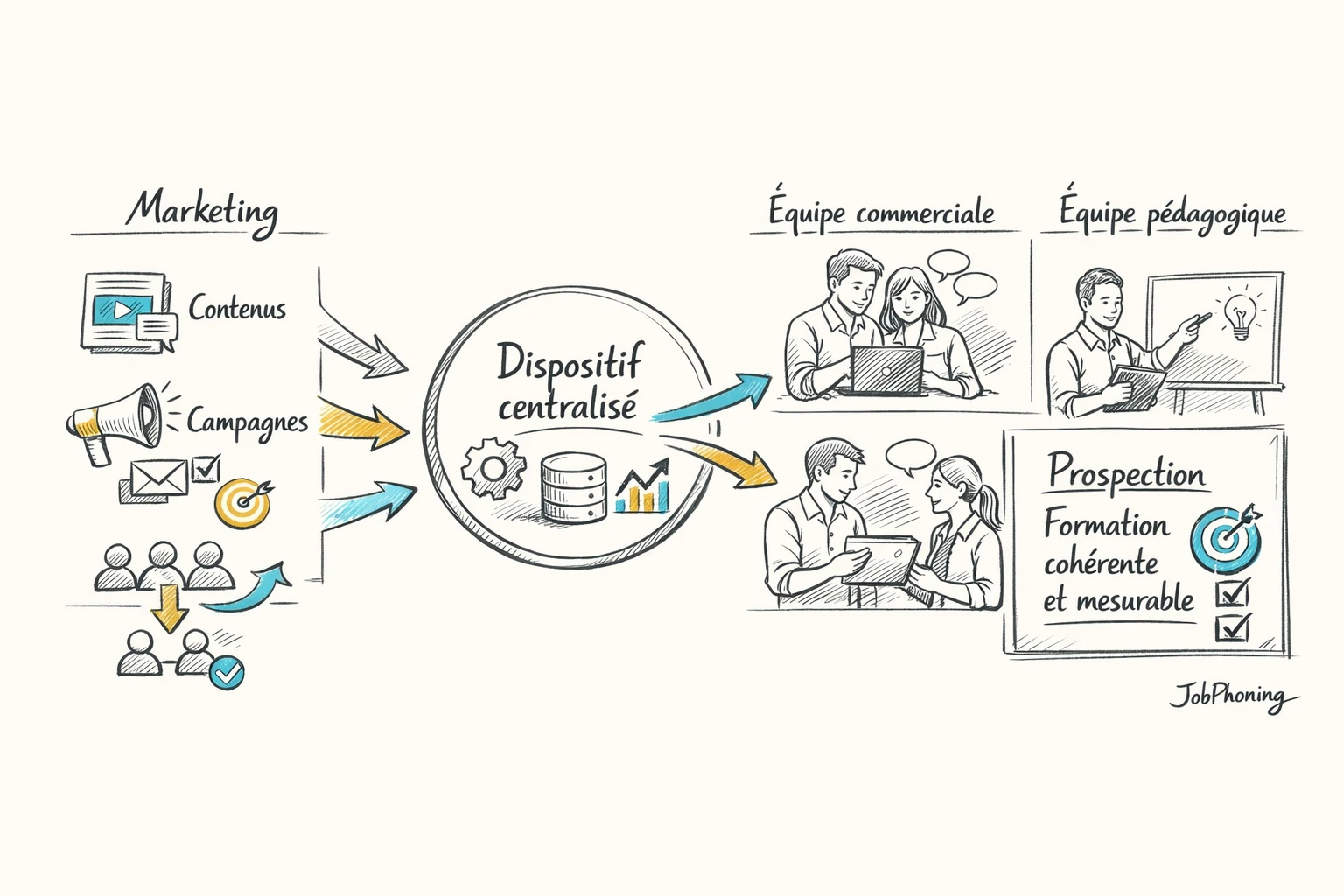 Schéma représentant la coordination des équipes commerciales, marketing et pédagogiques via un noyau central connecté