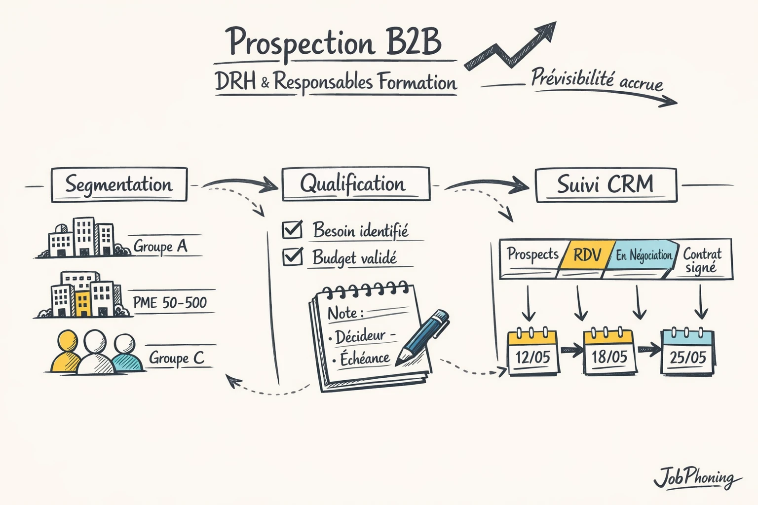 Schéma représentant un cycle de prospection formation vers DRH via blocs reliés et flèches séquentielles