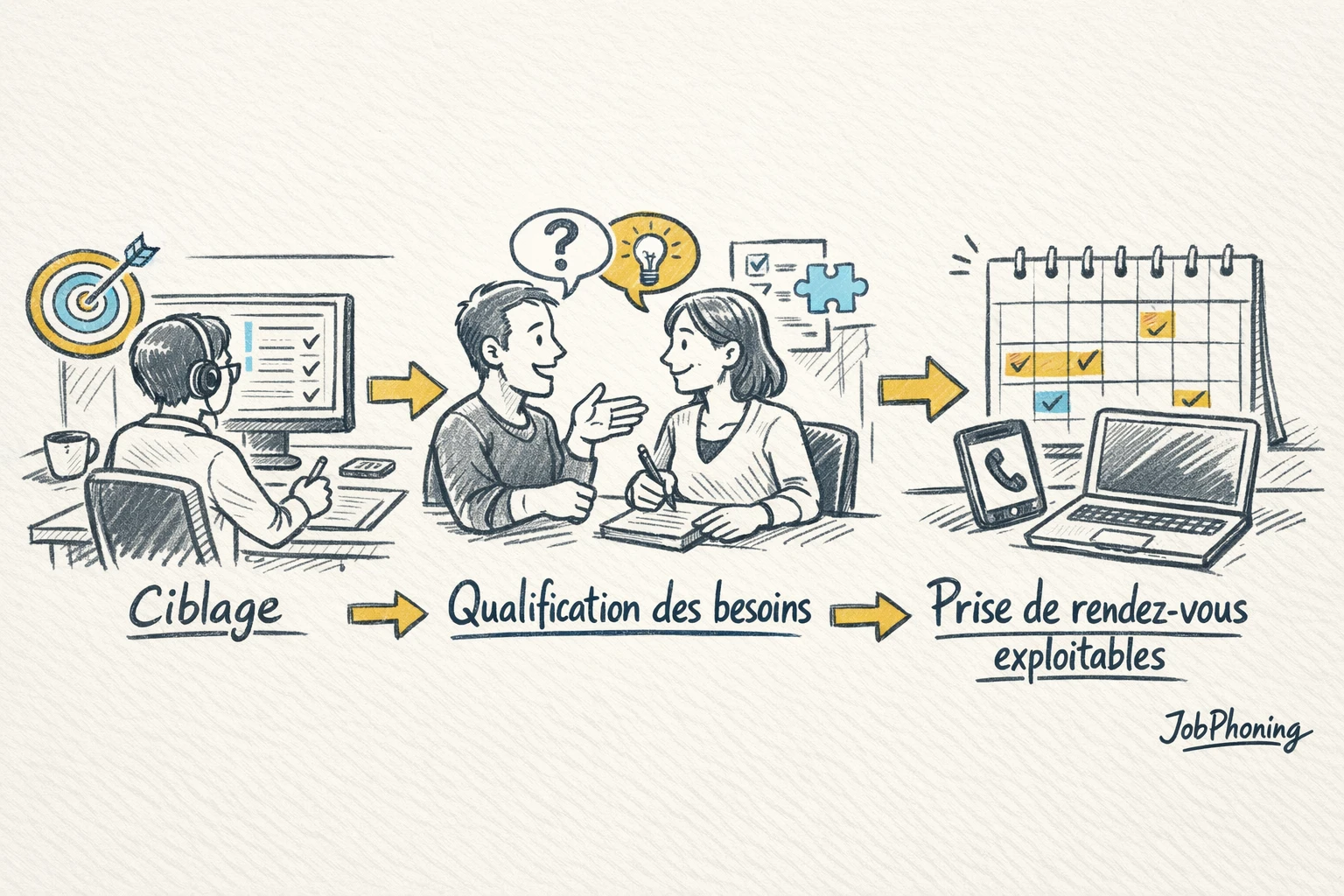 Schéma représentant le pilotage d’une campagne de prospection formation via flux de blocs connectés.