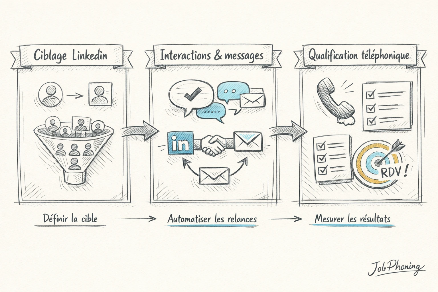 Schéma représentant une campagne LinkedIn structurée via blocs reliés illustrant ciblage, messages, appels et suivi.