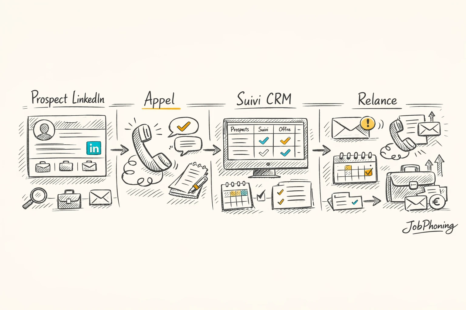 Schéma représentant l’intégration de LinkedIn dans la prospection via hub central relié à canaux commerciaux.
