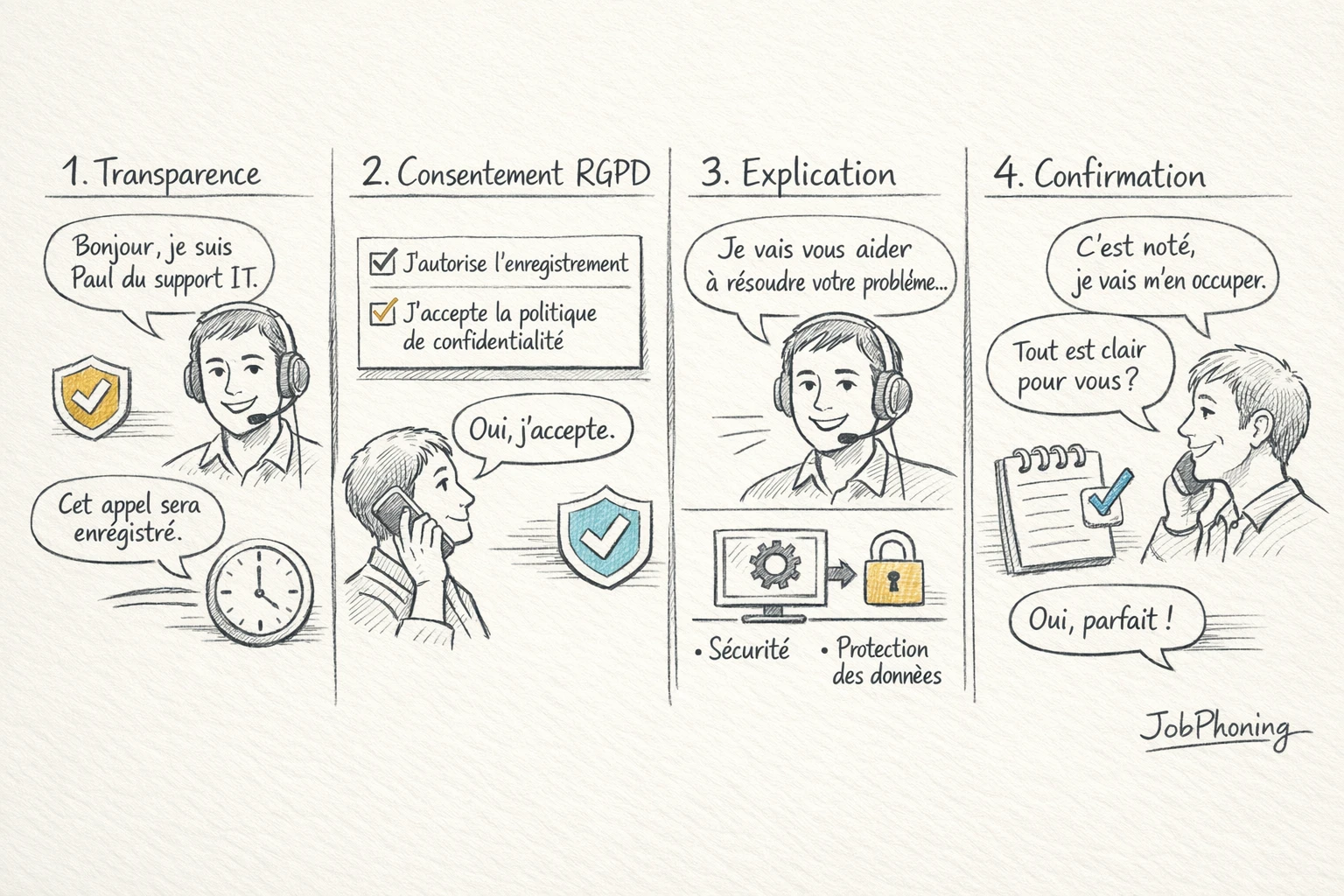 Schéma représentant un script d’appel RGPD pour décideurs IT via blocs reliés et flèches séquencées