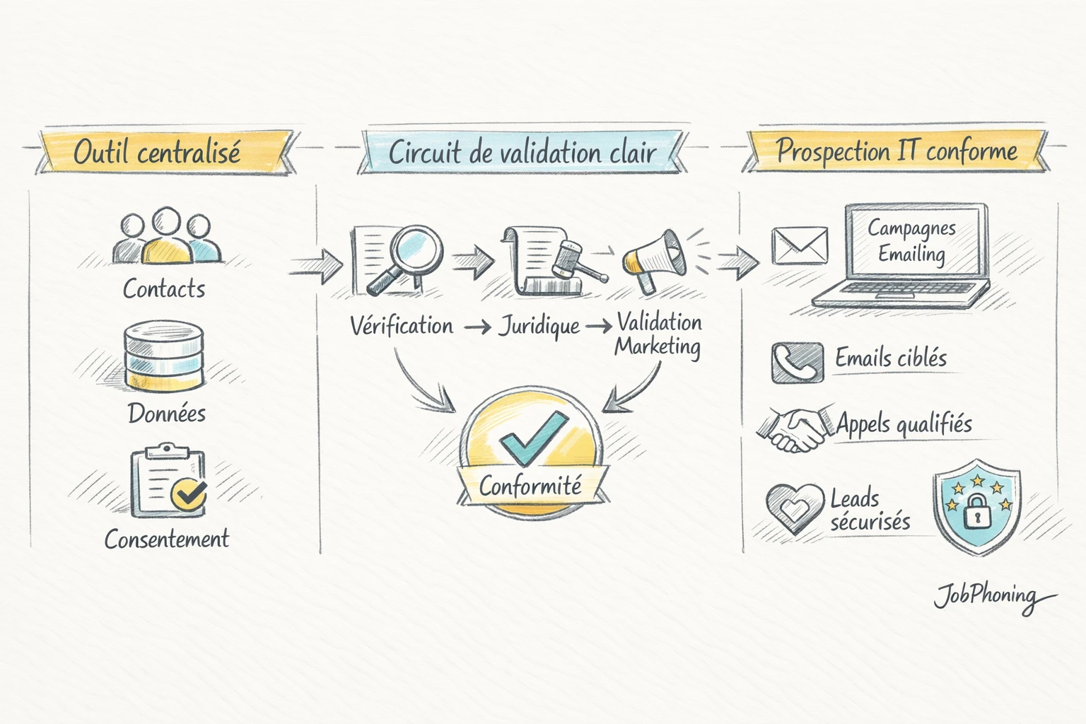Schéma représentant coordination équipes marketing, commerciales et juridiques via cercle central et flèches connectées