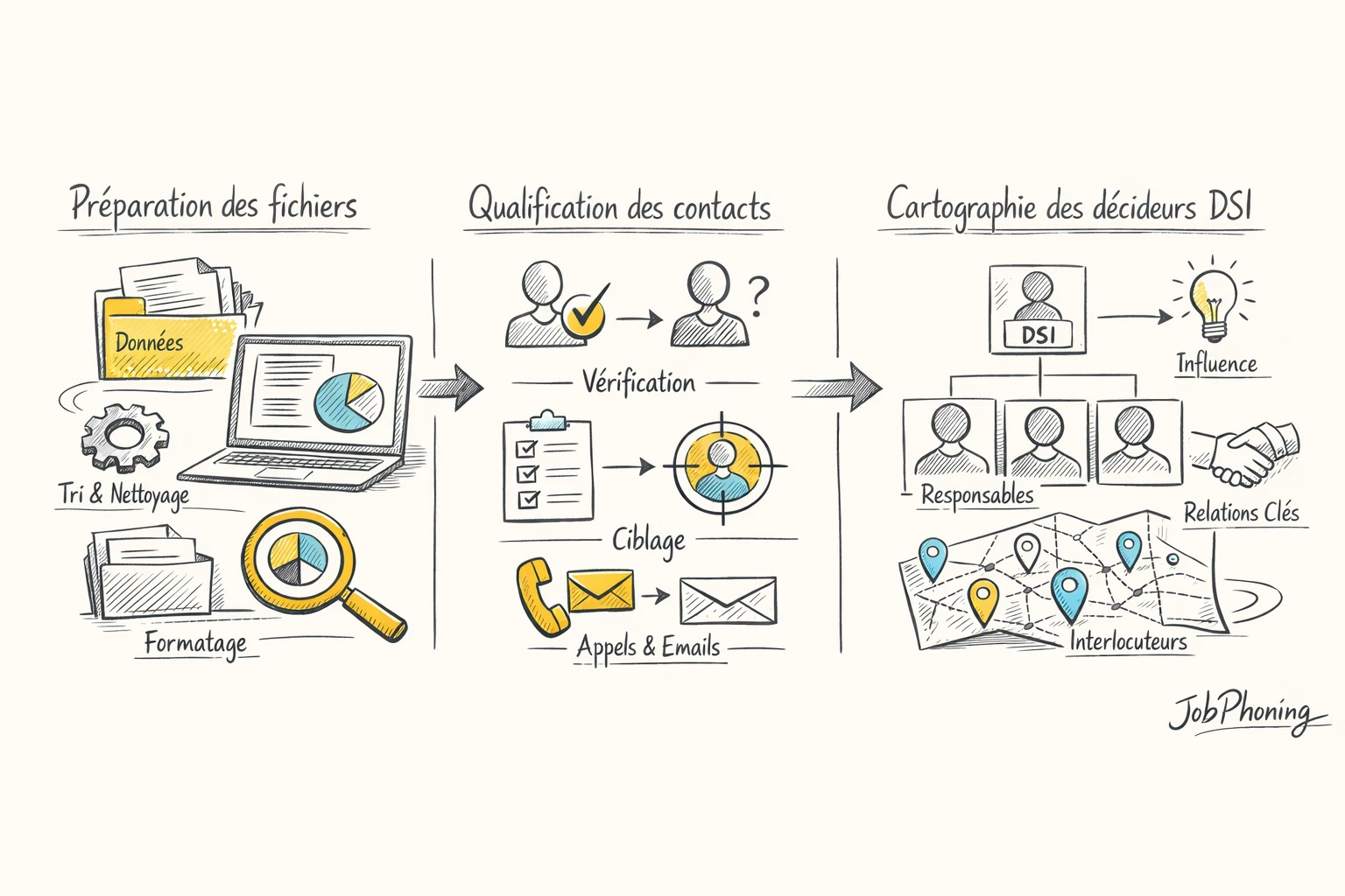 Schéma représentant la préparation et qualification de contacts IT via rectangles reliés, flèches et icônes