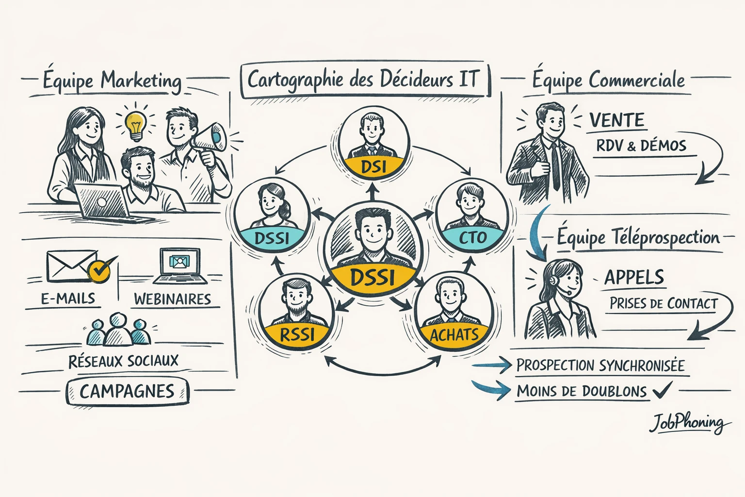 Infographie représentant le partage d’une cartographie de décideurs via un noyau central connecté à trois