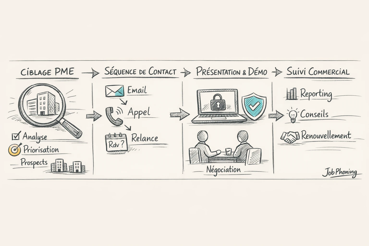 Schéma représentant une campagne de prospection cybersécurité via enchaînement de blocs et flèches minimalistes.