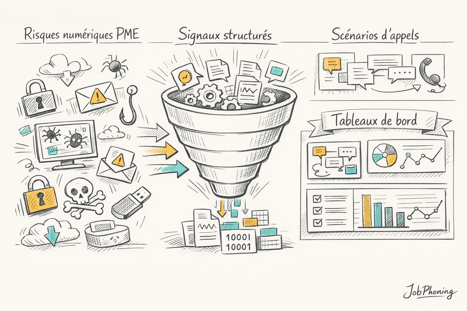 Infographie représentant la qualification cybersécurité PME via bouclier central, entonnoir et blocs connectés au CRM.