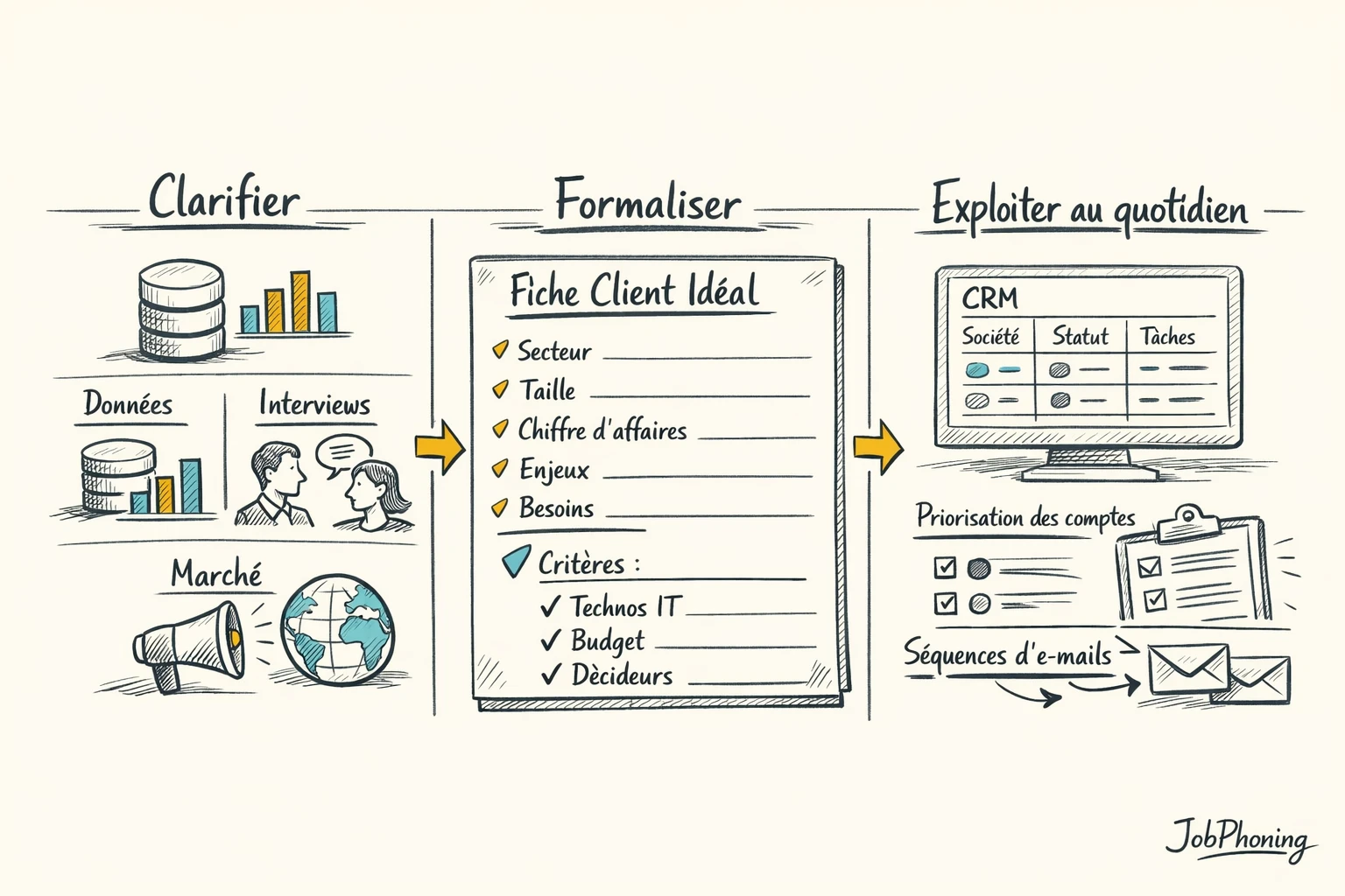 Schéma représentant la structuration de cibles IT B2B via blocs séquencés et flèches reliées
