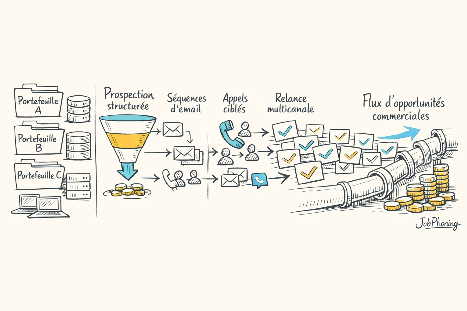 Infographie représentant divers scénarios de prospection IT via colonnes de blocs colorés alignés et reliés