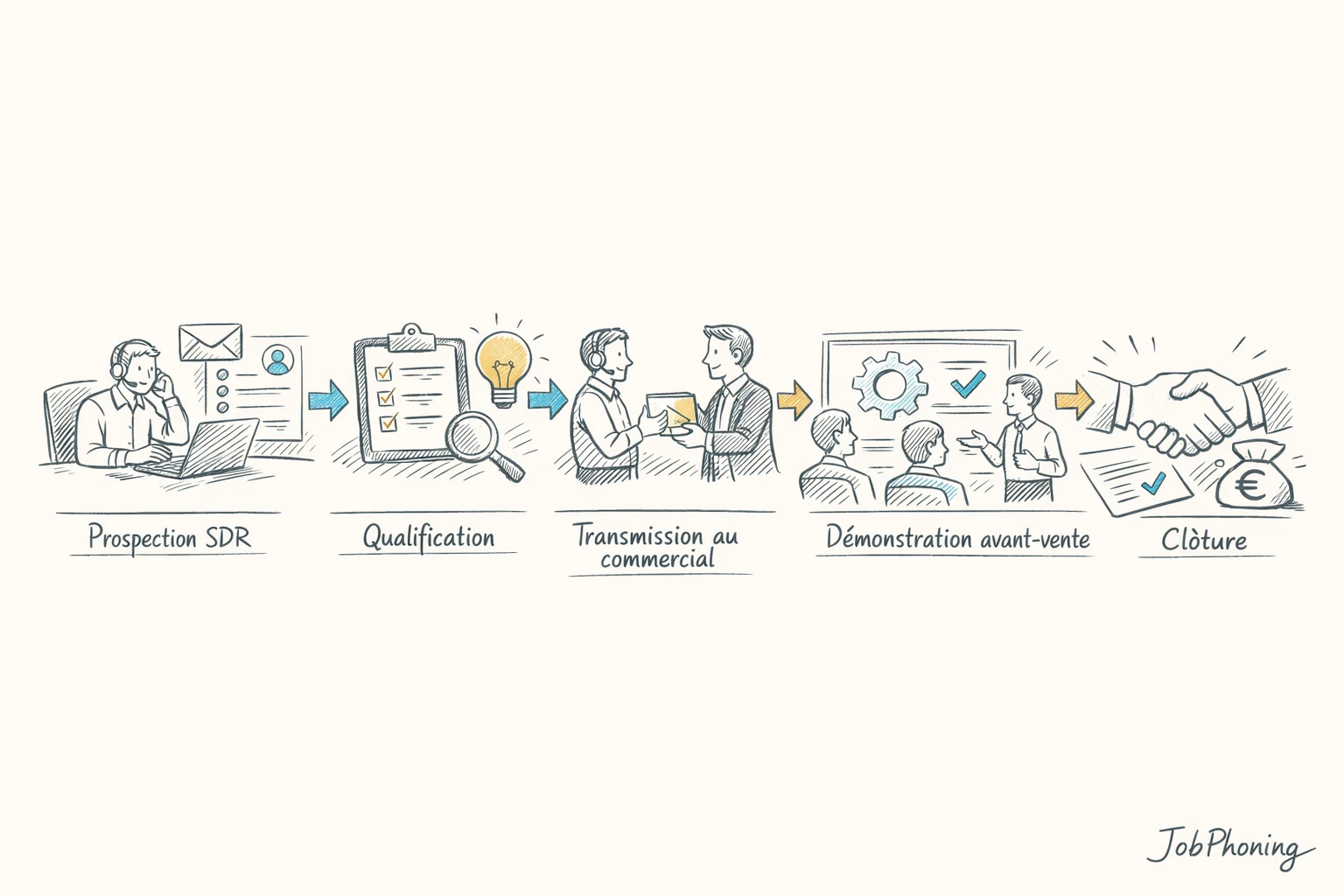 Schéma représentant la qualification d’opportunités IT via blocs alignés et flèches séquentielles
