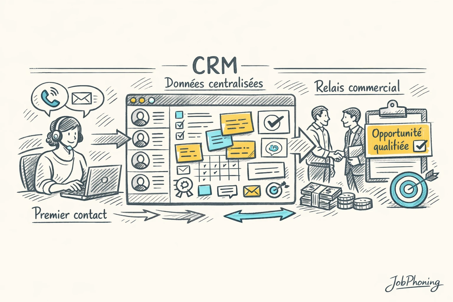 Infographie représentant la prospection IT B2B via pipeline, icônes téléphone, email, bases de données et