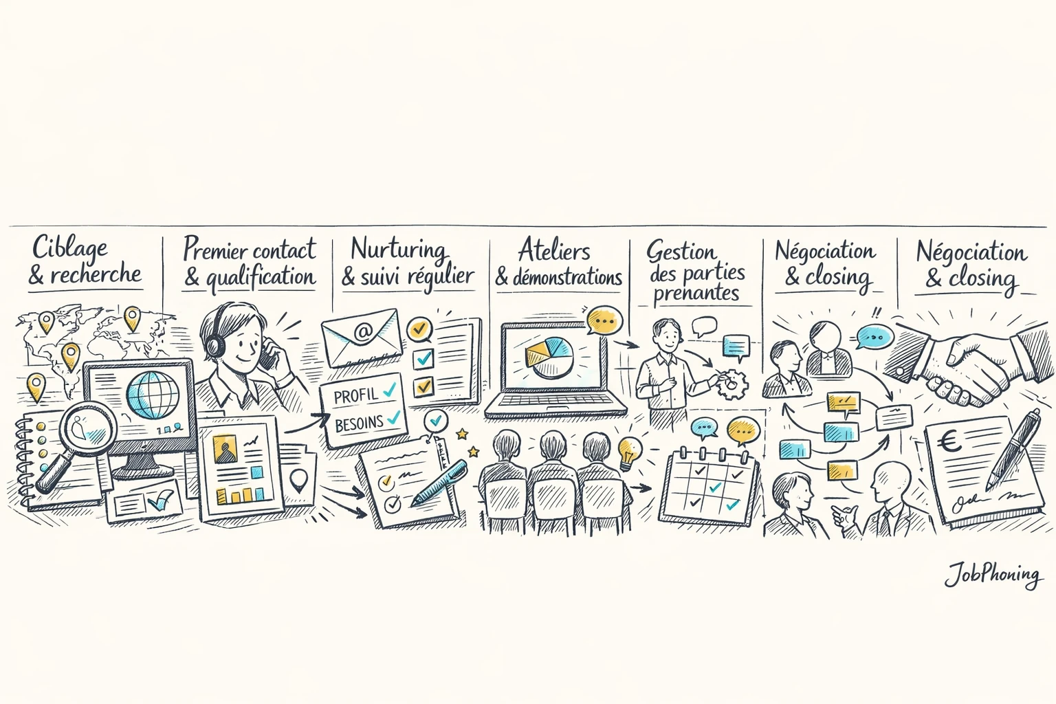Schéma représentant un long processus de prospection IT via flux d’étapes connectées et pipeline stylisé.