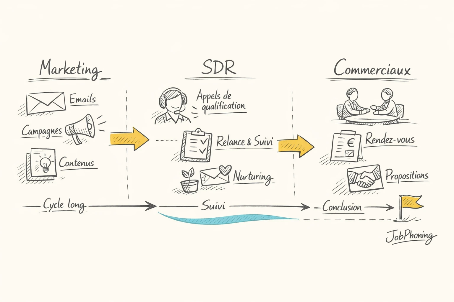 Schéma représentant la coordination marketing–ventes en cycles longs via pipeline central, cartes de comptes et