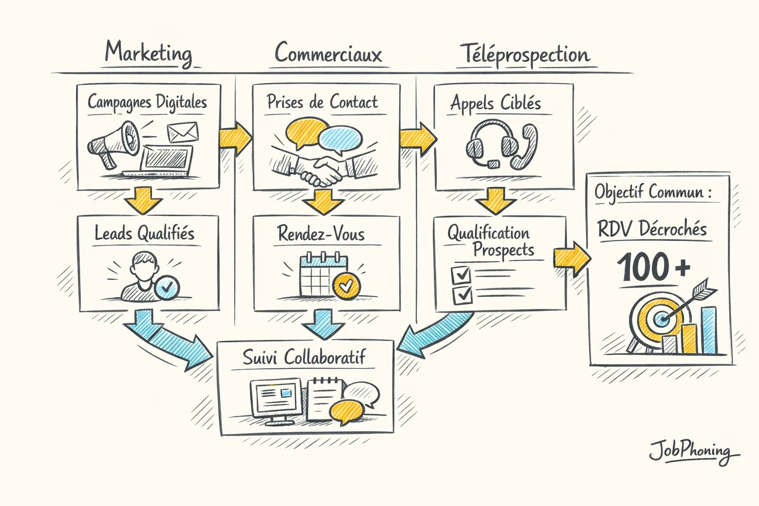 Schéma représentant un processus de prospection IT structuré via blocs reliés et flèches séquentielles épurées.