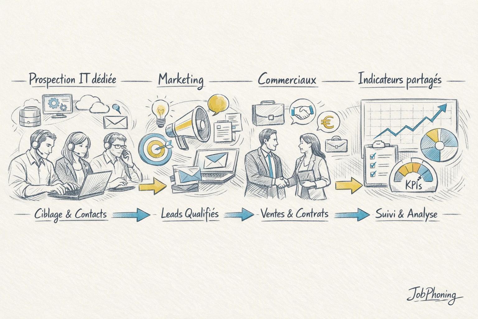 Schéma représentant l’organisation de la prospection IT via pipeline central et blocs interconnectés
