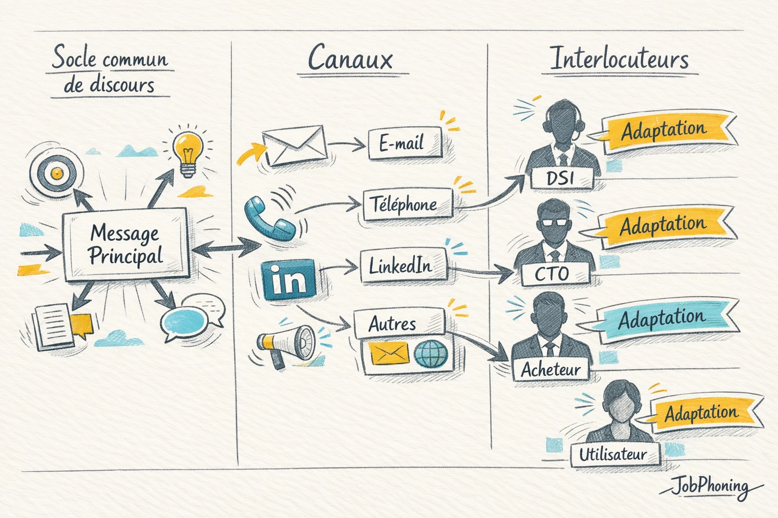 Schéma représentant l’unification du discours commercial IT via un flux de rectangles et canaux reliés.