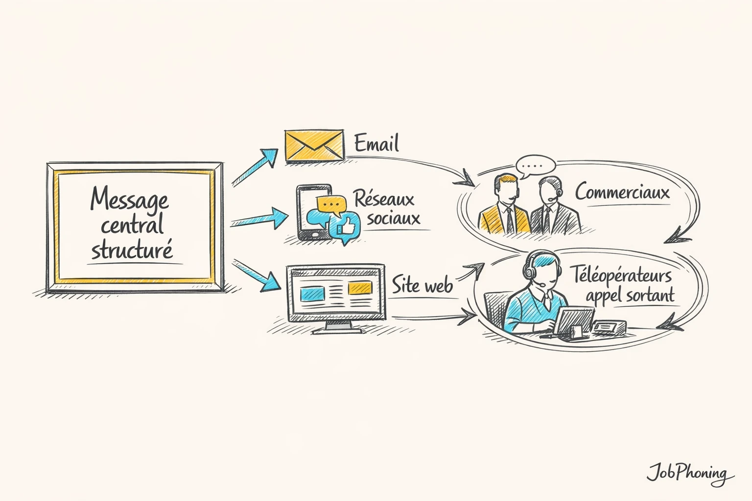 Schéma représentant l’alignement des messages IT via cercle central, blocs d’équipes et flèches de feedback.