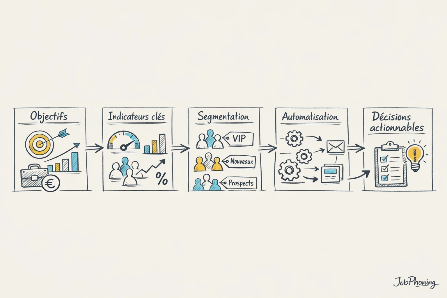 Schéma représentant un tableau de bord de prospection IT via flux d’étapes et blocs connectés