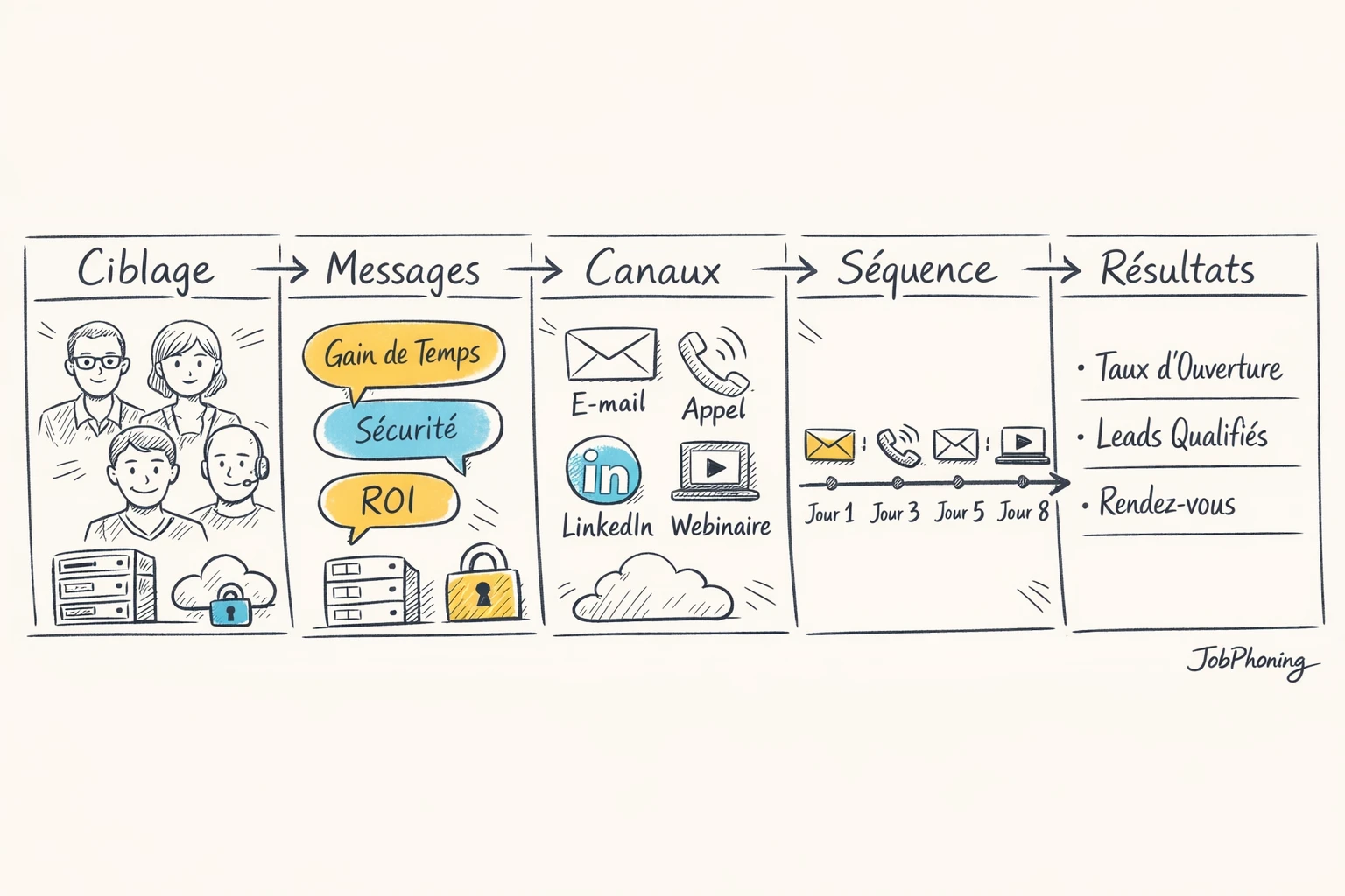 Schéma représentant une séquence de prospection IT multicanale via blocs connectés et flèches minimalistes