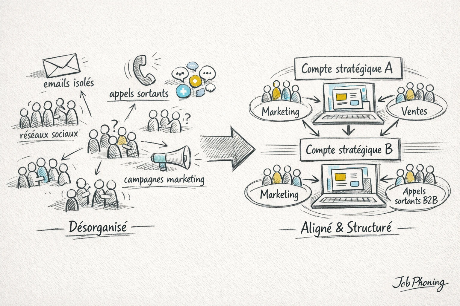 Infographie représentant la coordination de la prospection IT via un noyau central connecté à trois