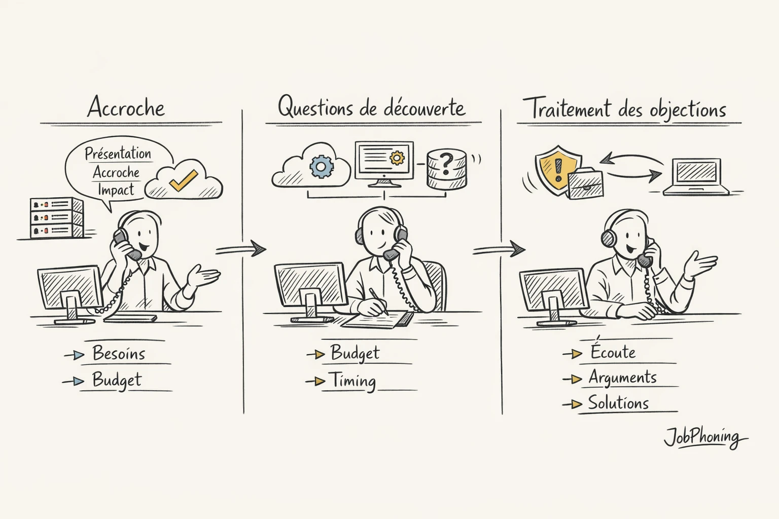 Schéma représentant un script d’appel structuré via plusieurs blocs reliés en séquence