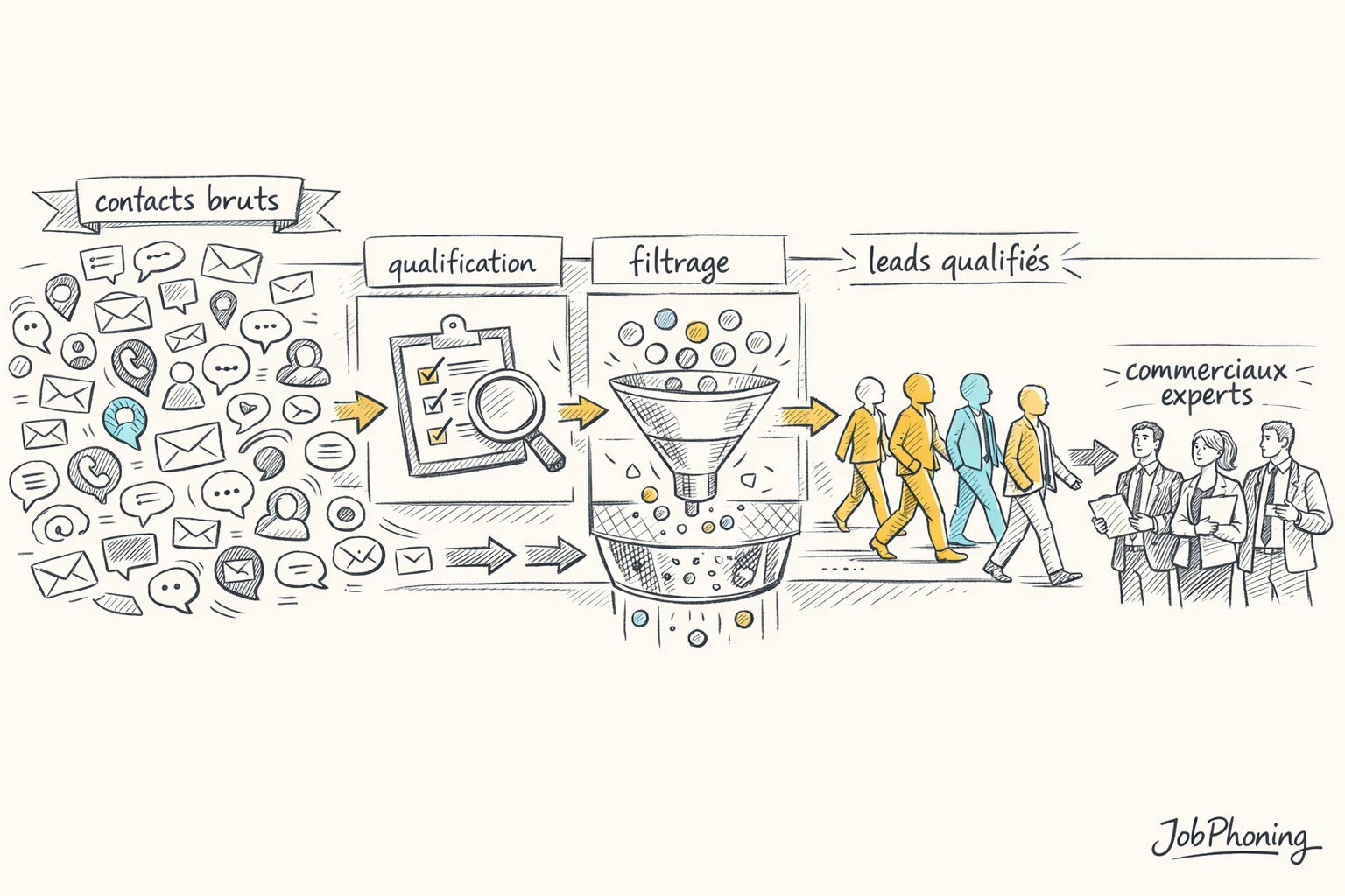 Infographie représentant la prospection IT via pipeline en deux niveaux et grille de qualification structurée.