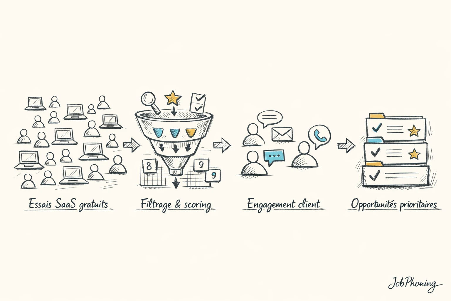Schéma représentant la conversion d’essais SaaS en opportunités qualifiées via flèches, entonnoir, blocs segmentés et