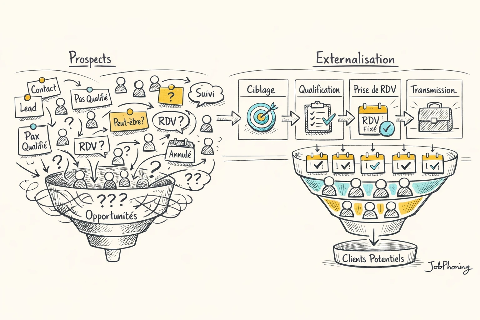 Infographie représentant trois stratégies de prospection SaaS via colonnes colorées comparant résultats internes et externalisés.
