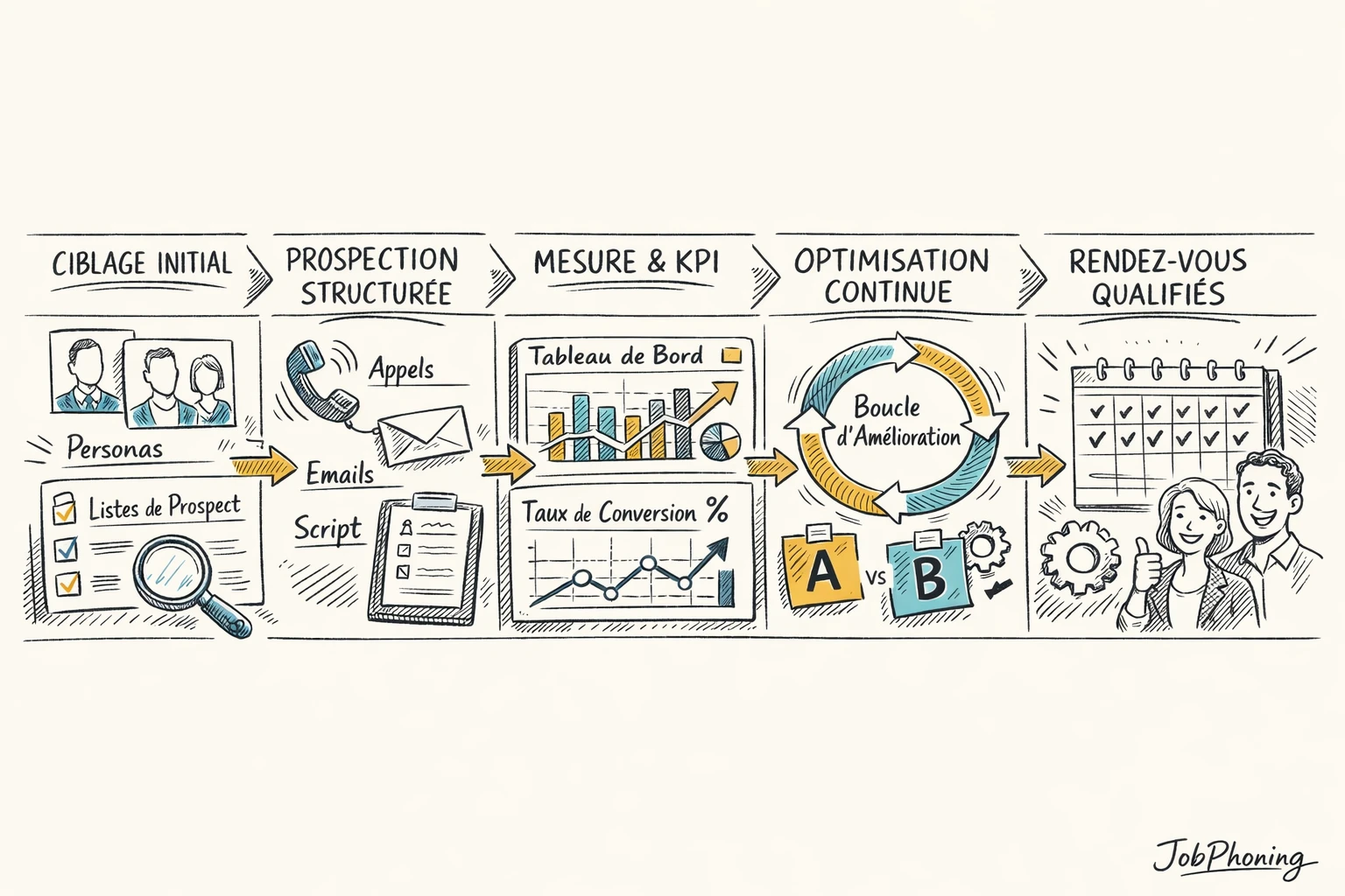 Schéma représentant un parcours de prospection SaaS structuré via blocs reliés et flèches séquentielles colorées.