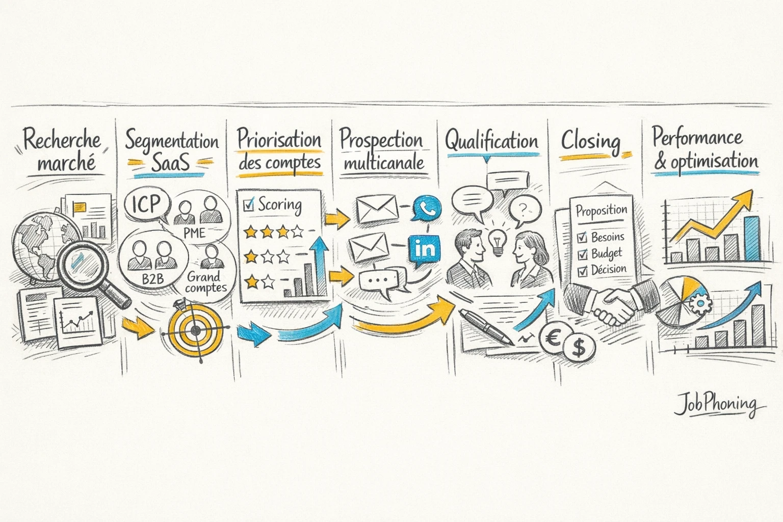Schéma représentant une stratégie de prospection SaaS internationale via un enchaînement de blocs reliés par