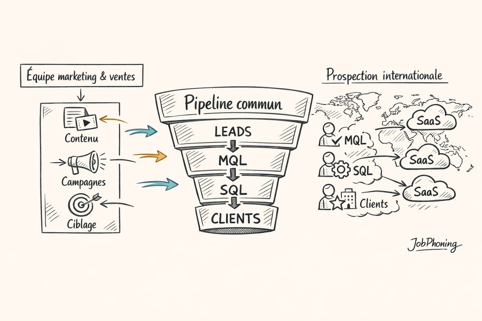 Schéma représentant la synergie marketing-ventes via deux hubs reliés à un pipeline commun