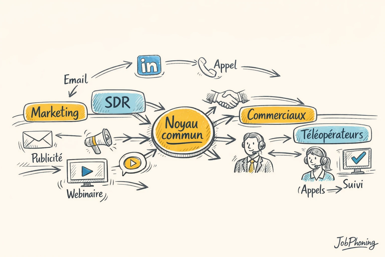 Infographie représentant l’orchestration de séquences SaaS via un noyau central connecté à plusieurs blocs de